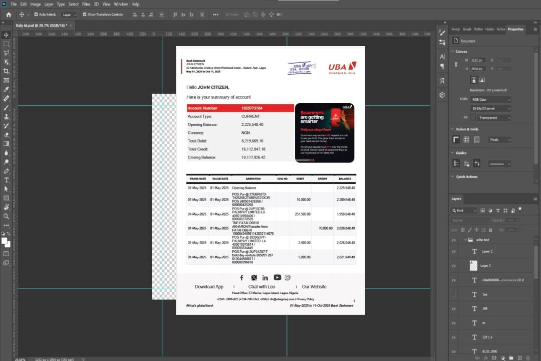Nigéria United Bank for Africa Relevé bancaire Modèle Word et PDF template